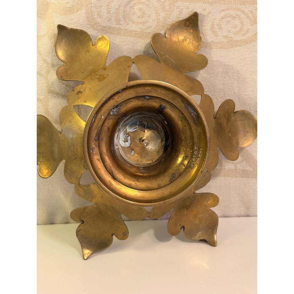 Vintage Solid Brass Scalloped Leaf Pedestal Bowl Ornate Decorative Dish Gold - Picture 2 of 5